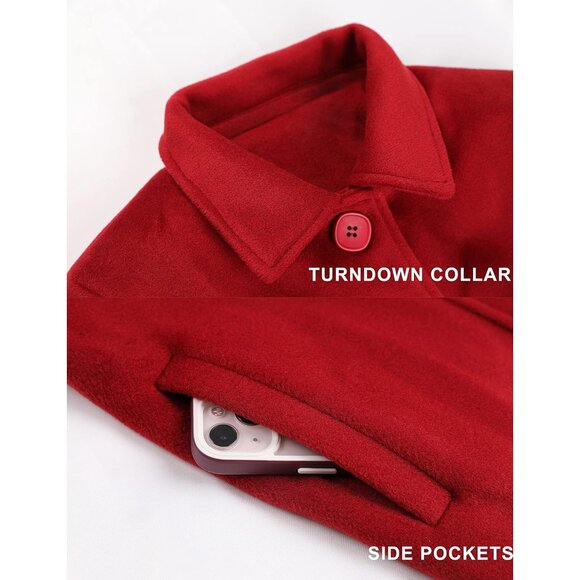 💫 Women Red Elegant Overcoat Single Breasted Winter Dress Pockets Pea Coat - Picture 3 of 8